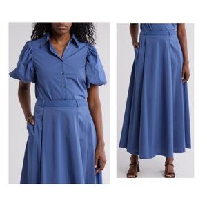 BY DESIGN Abigail Puff Sleeve Button-Up Top with Maxi Skirt Set, Medium